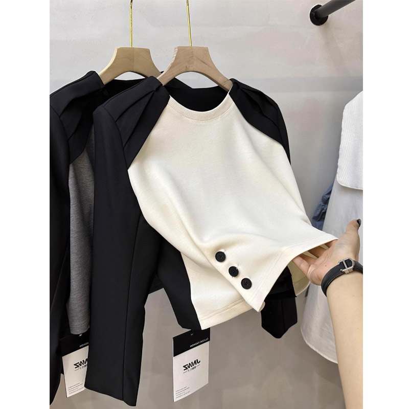 Original workmanship, early autumn, new European style design, niche sweet button suit, spliced ​​high-end long-sleeved top