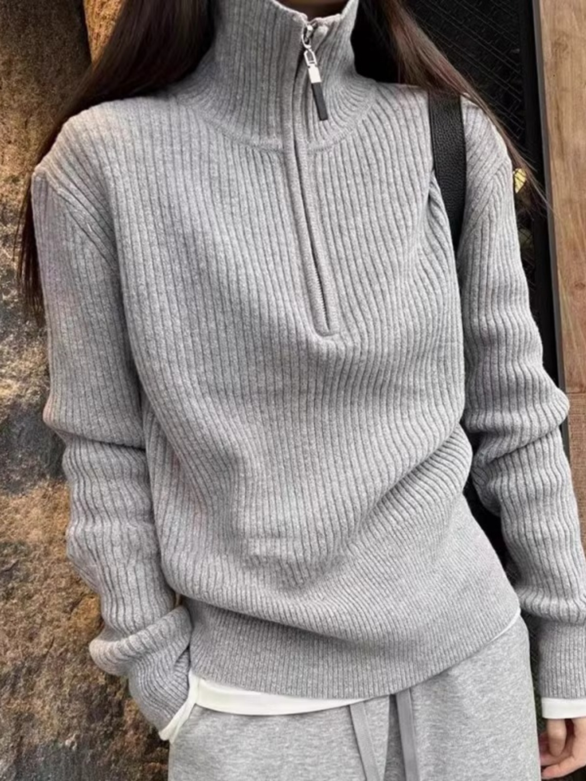 半拉鏈高領毛衣女2023秋冬新款設計感洋氣減齡灰色內搭針織衫上衣
