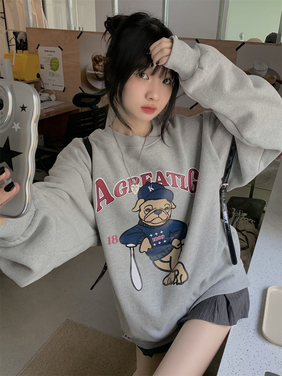 Harajuku BF thickened velvet pullover round neck sweatshirt for female students salt loose top autumn and winter coat lazy style