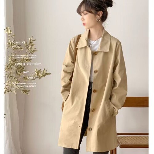 Windbreaker Women's Mid-Length Simple Early Spring and Autumn Top Women's Korean Style Loose Student Solid Color Versatile Jacket Trendy Ins