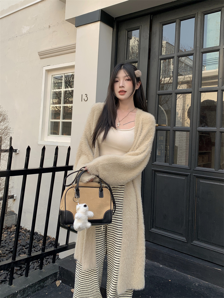 實拍 秋冬新款仿水貂絨毛衣開衫女寬鬆慵懶風保暖外套