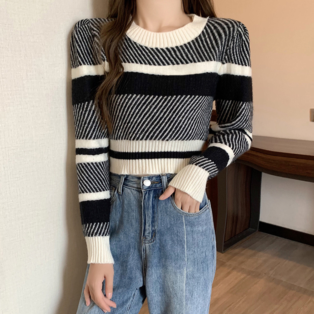 針織條紋拼接圓領毛衣女寬鬆外穿內搭風毛衣新款洋氣長袖上衣