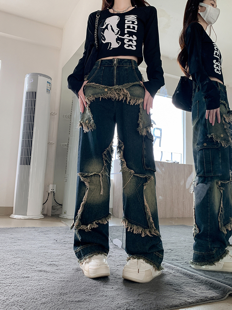 實拍 秋季美式復古寬鬆顯瘦牛仔褲女設計感毛邊長褲直筒闊腿褲子