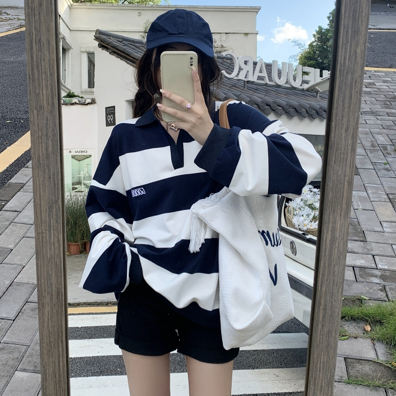 Real shot 260g twill retro striped embroidered letters polo collar sweatshirt for women