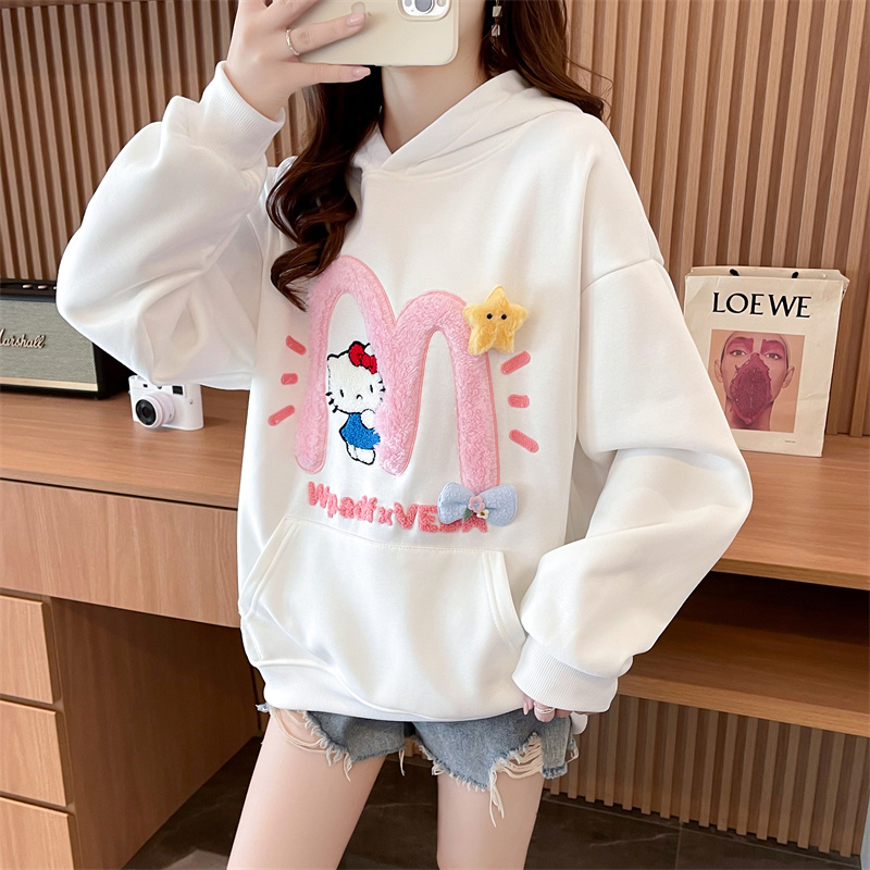實拍純棉面複合牛奶絲 HelloKitty毛絨刺繡連帽薄款衛衣女秋冬季