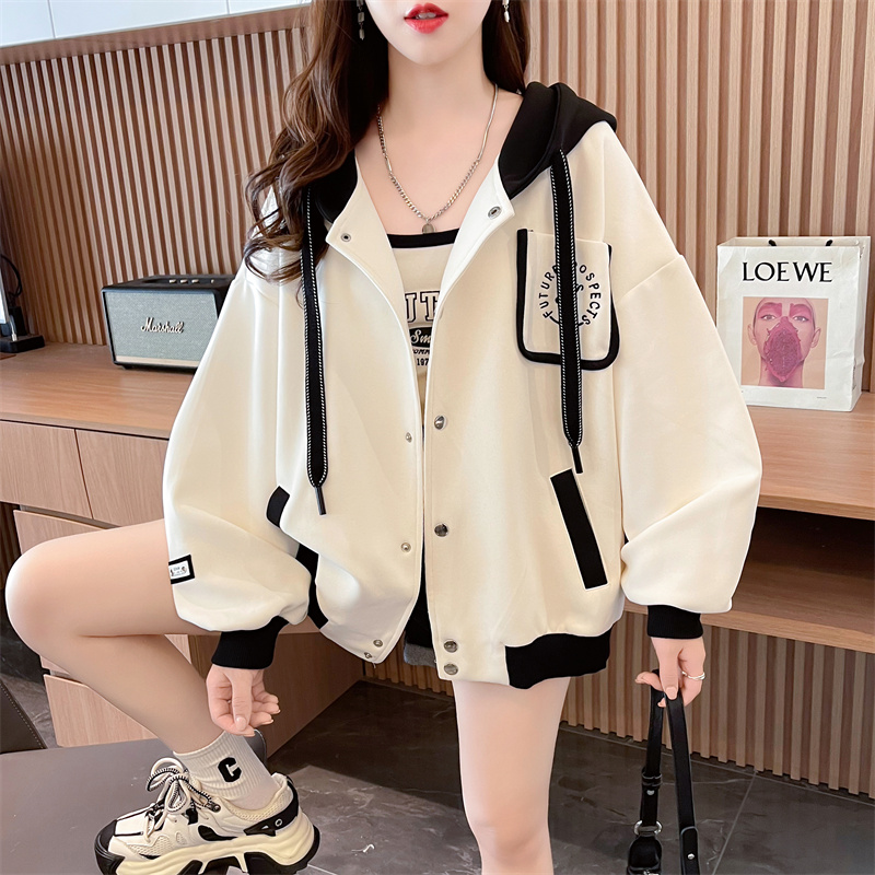 實拍 加絨寬鬆連帽棒球服外套女秋冬小眾撞色拼接卡通刺繡開衫