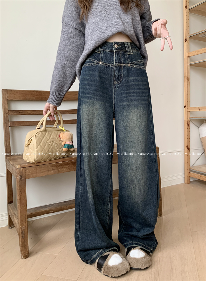 實拍 秋季新款韓版高腰寬鬆顯瘦直筒長牛仔褲女