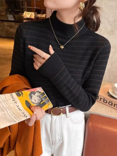 Half turtleneck plus velvet bottoming shirt for women in autumn and winter, long-sleeved thickened knitted top, slim one-piece velvet striped sweater