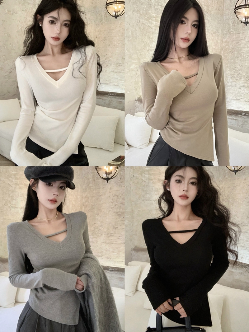 Actual shot of autumn and winter hot girl style slimming irregular V-neck long-sleeved brushed thickened shoulder-padded bottoming shirt