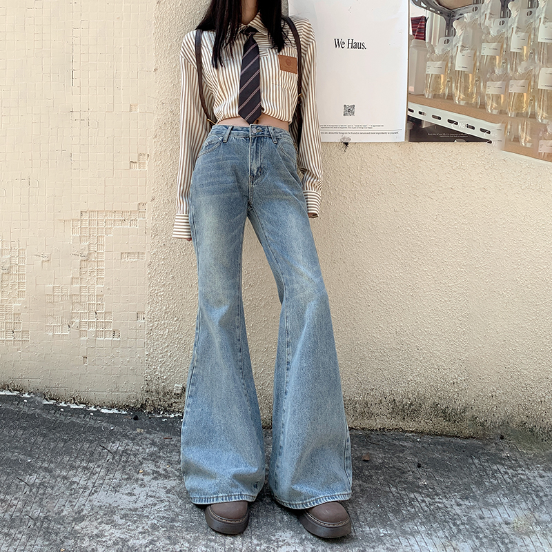 實拍美式復古辣妹低腰喇叭褲時尚百搭顯瘦拖地牛仔褲女潮長褲加長