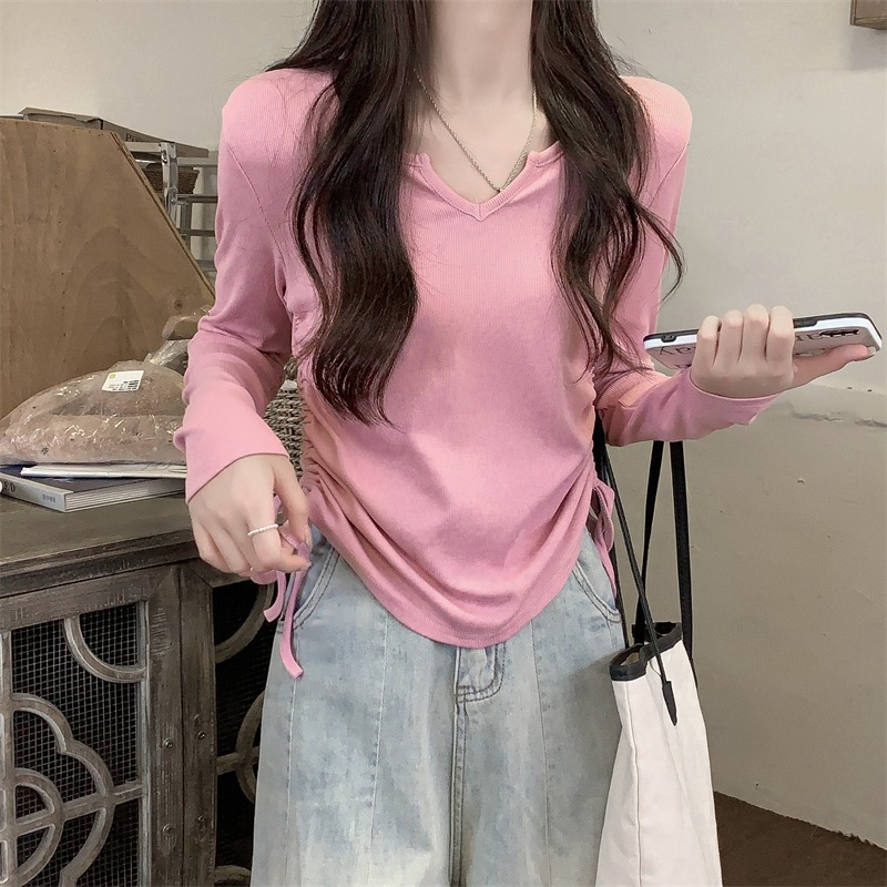 V領抽繩小眾顯瘦長袖t恤女秋季修身設計感別致短款上衣內搭打底衫