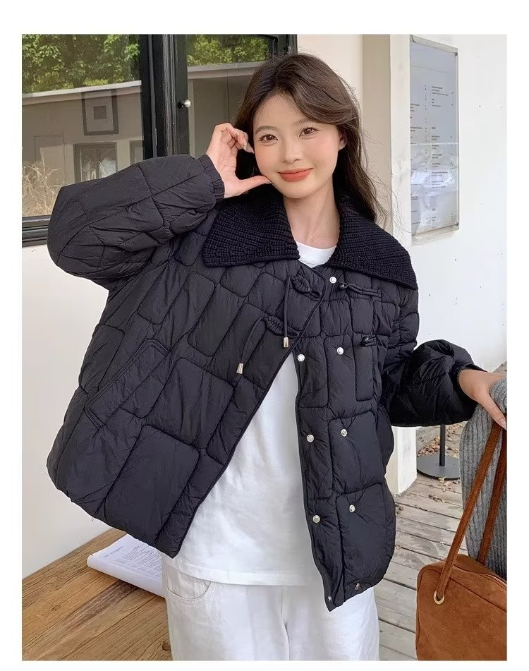 短款中式國風盤扣輕薄棉服女款2023年新款針織大翻領時尚外套冬季