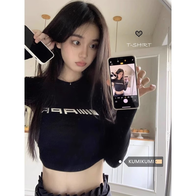 40支棉羅紋 時尚超火小眾修身長袖T恤女新款設計感修身短款上衣潮