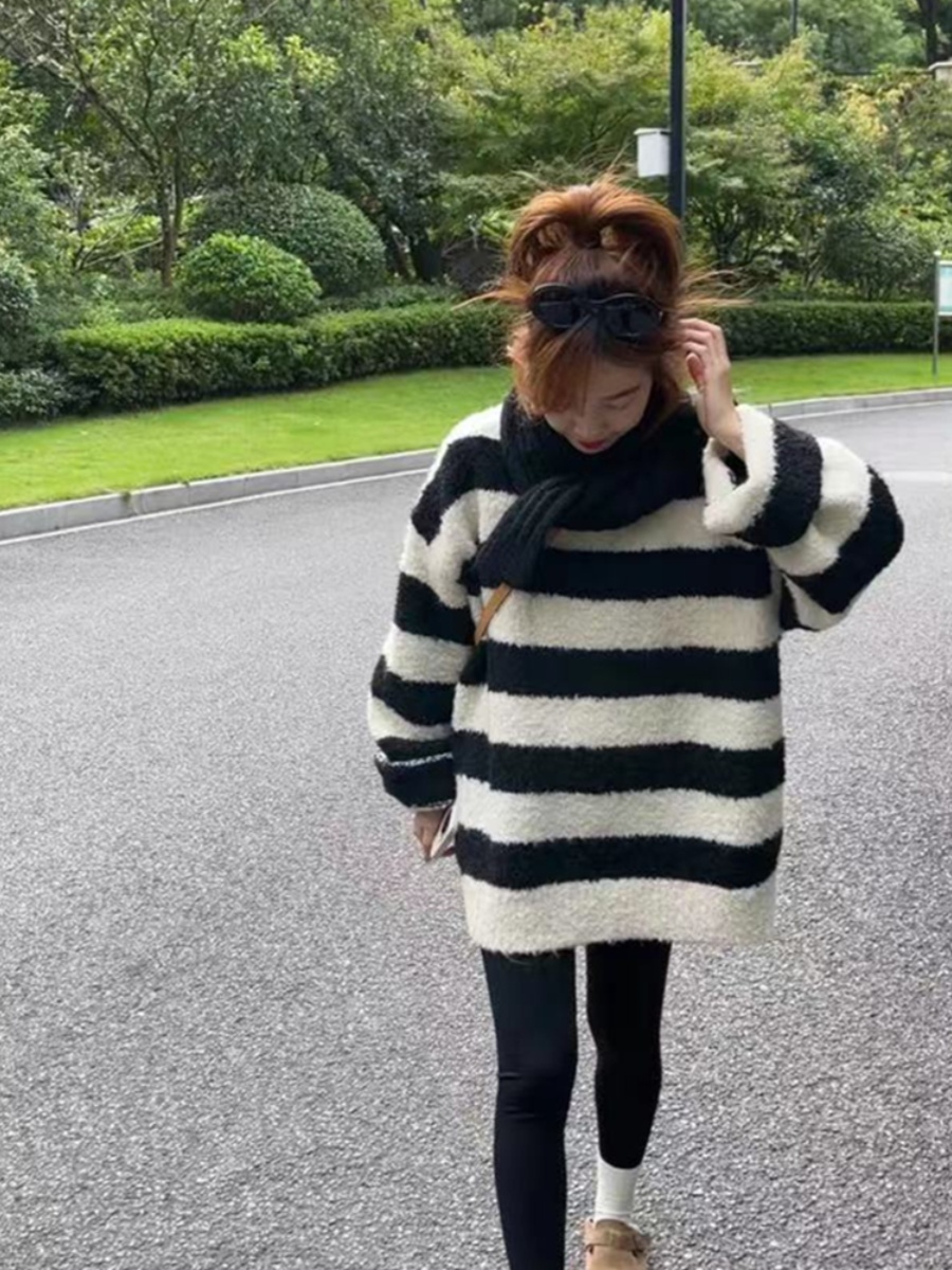 圓領套頭軟糯條紋毛衣女秋冬外穿寬鬆慵懶風加厚中長款針織衫上衣