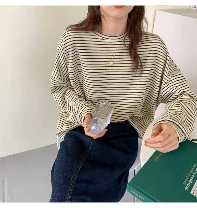 Striped Autumn Women's Thin Loose Round Neck Long Sleeve T-Shirt