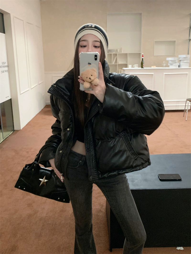 實拍 立領黑色加厚PU皮棉服外套女裝冬季麵包服短款棉衣棉襖