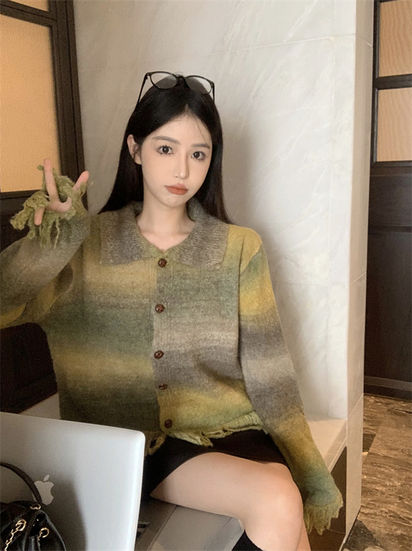 實拍 漸變色撞色扎染流蘇針織開衫短款上衣