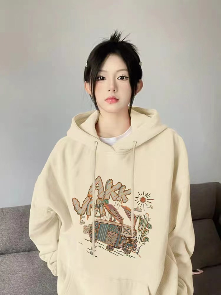 品質巨贊！杏色小眾連帽衛衣女秋冬寬鬆休閒加絨設計感小個子上衣