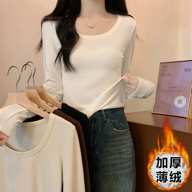 實拍歐貨低圓領長袖t恤女秋冬磨毛加厚修身顯瘦辣妹鎖骨上衣