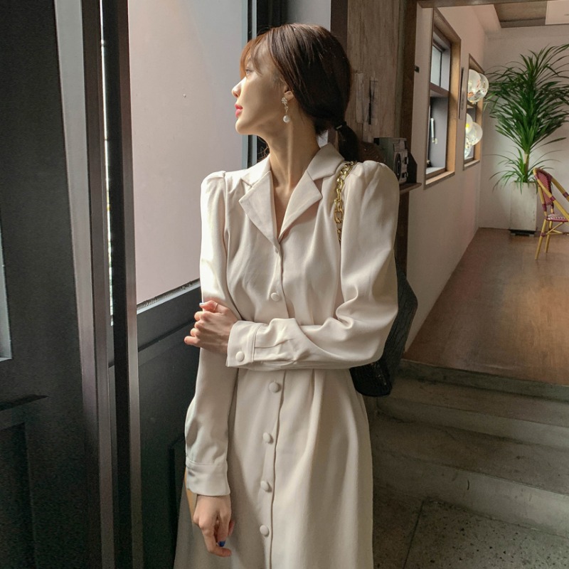 2023 Korean autumn new dress chic waist suit collar slimming temperament long-sleeved fishtail long skirt