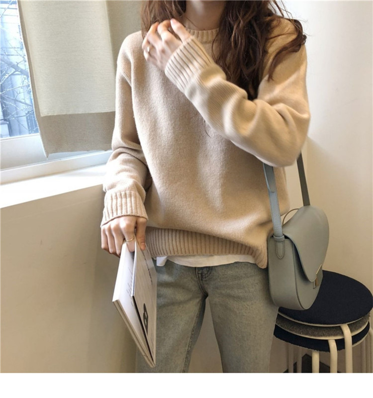 軟奶藍色毛衣女套頭秋冬季外穿寬鬆慵懶風復古內搭針織打底衫加厚