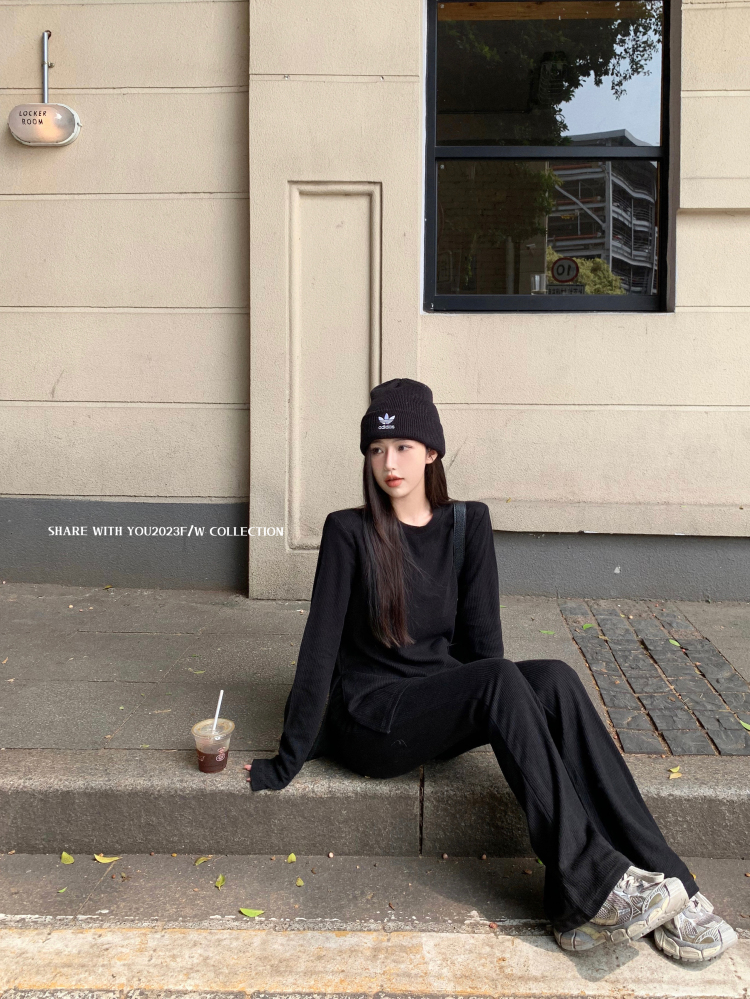 實拍慵懶氣質懶人套裝墊肩上衣/垂感長褲休閒褲女秋兩件套