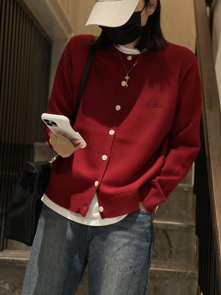 新款刺繡小貓減齡開衫外套女2023年春秋季外搭疊穿休閒針織衫線衣