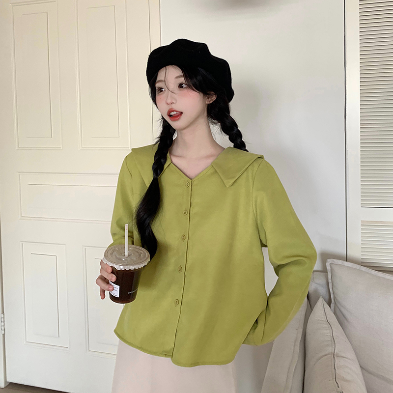 實拍 法式翻領甜美小個子純色襯衫女ins寬鬆短款上衣