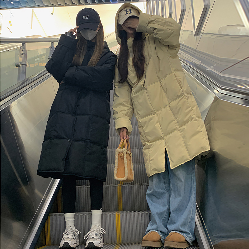 實拍韓版冬季奶呼呼中長款過膝麵包服女慵懶風寬鬆立領設計感連帽