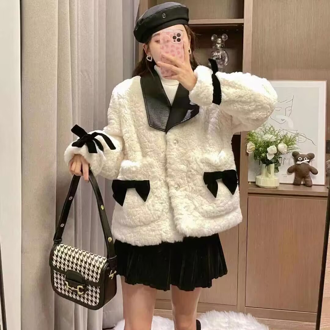 2023 autumn and winter new style bow imitation rabbit fur thickened small fragrance slim fashion versatile fur tops for women