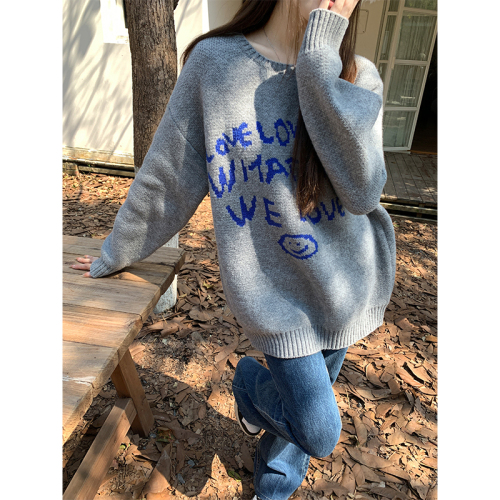 Real shot of retro thickened warm letter long-sleeved sweater for women 2023 autumn and winter loose knitted sweater pullover top