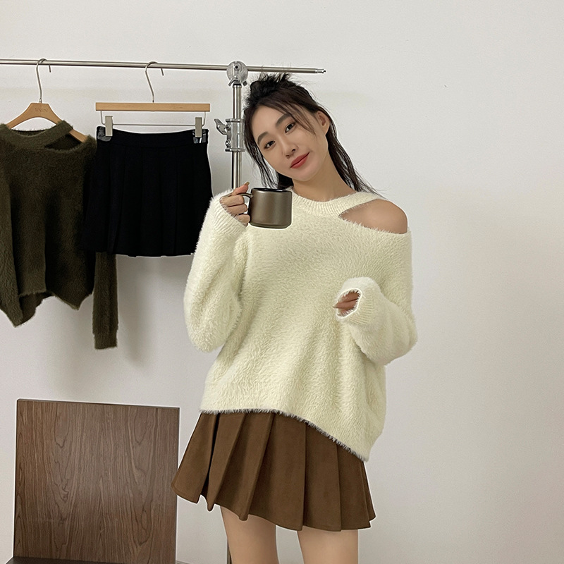 ZY GODDESS港味慵懶風露肩針織毛衣女2023秋冬新款寬鬆仿水貂上衣