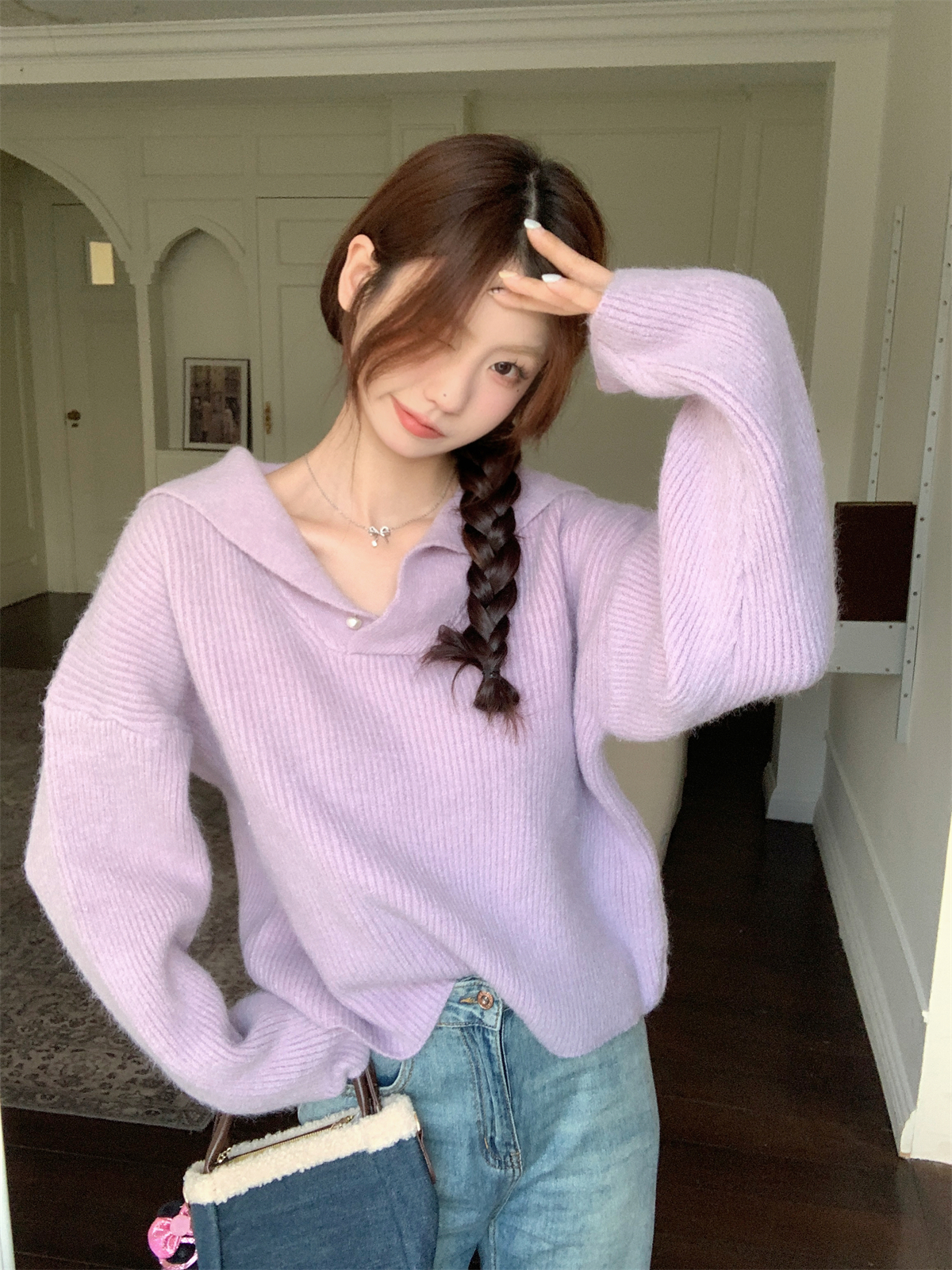 實拍 秋冬韓版寬鬆翻領軟糯氣質北極絨針織內搭套頭女毛衣