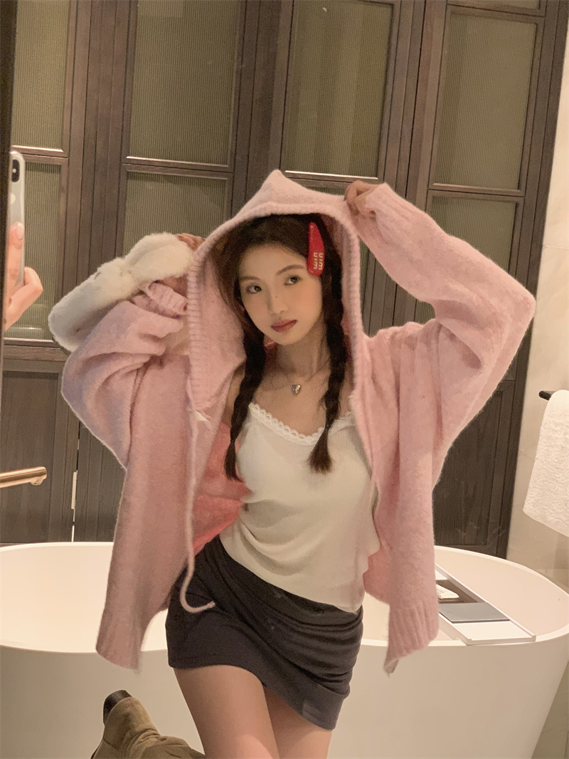 實拍~ 韓系少女感雪花粉慵懶風拉鏈寬鬆針織連帽毛衣外套