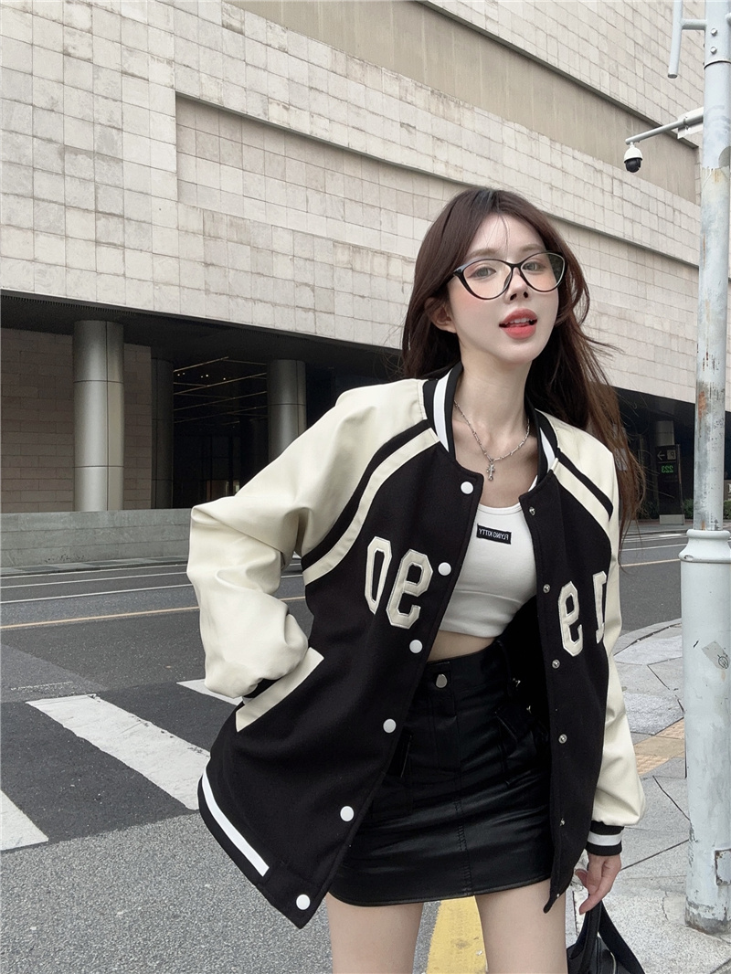 實拍~2023新款美式黑色棒球服女秋冬加厚夾棉夾克外套小個子
