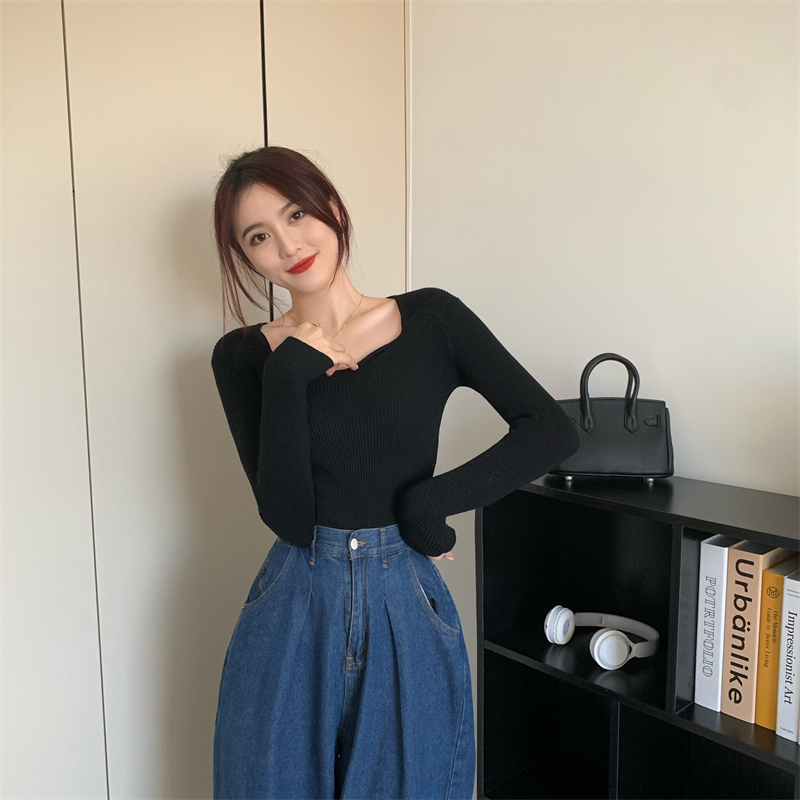 實拍 秋冬新款氣質小心機方領修身顯瘦純色百搭針織上衣女