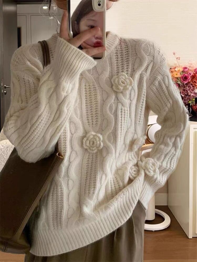 圓領短款寬鬆高級感溫柔針織衫秋冬刺繡玫瑰鈎花復古毛衣女潮