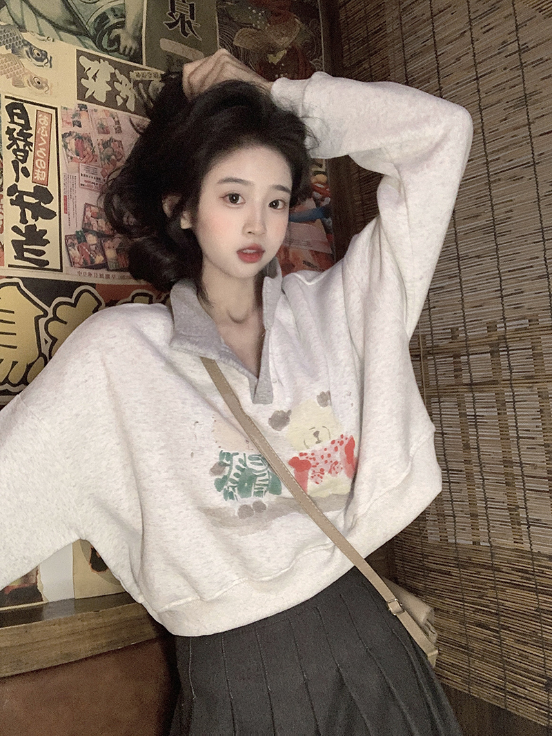 Our store's original ~ real shot ~ polo collar watercolor printed velvet thickened sweatshirt for women trendy