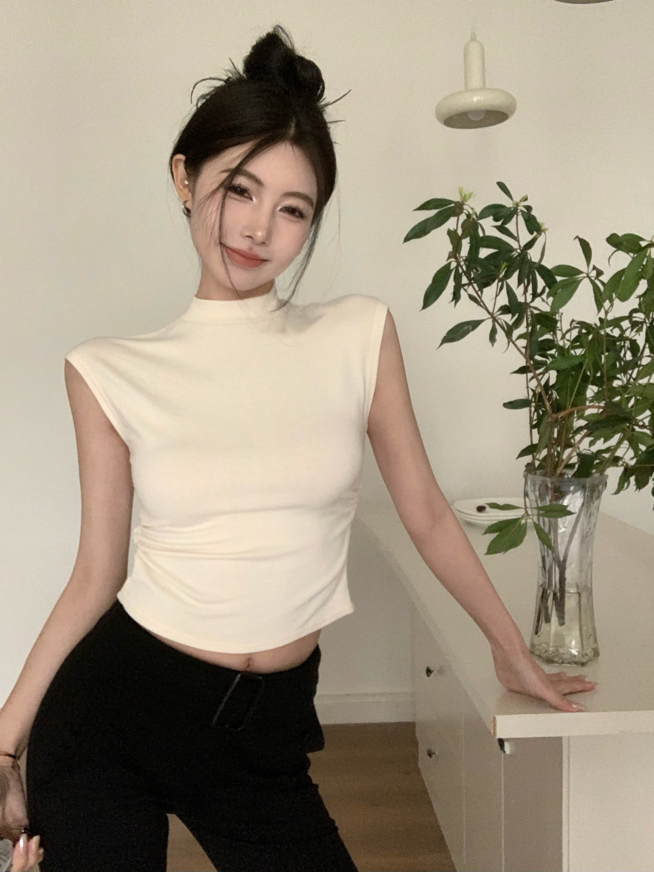 實拍 復古氣質簡約顯瘦打底衫褶皺內搭短袖磨毛保暖t恤上衣