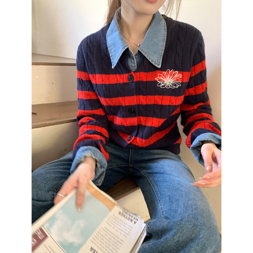 Real shot of twisted flower embroidered striped contrasting cardigan for autumn Korean version ins soft and waxy long-sleeved knitted sweater jacket