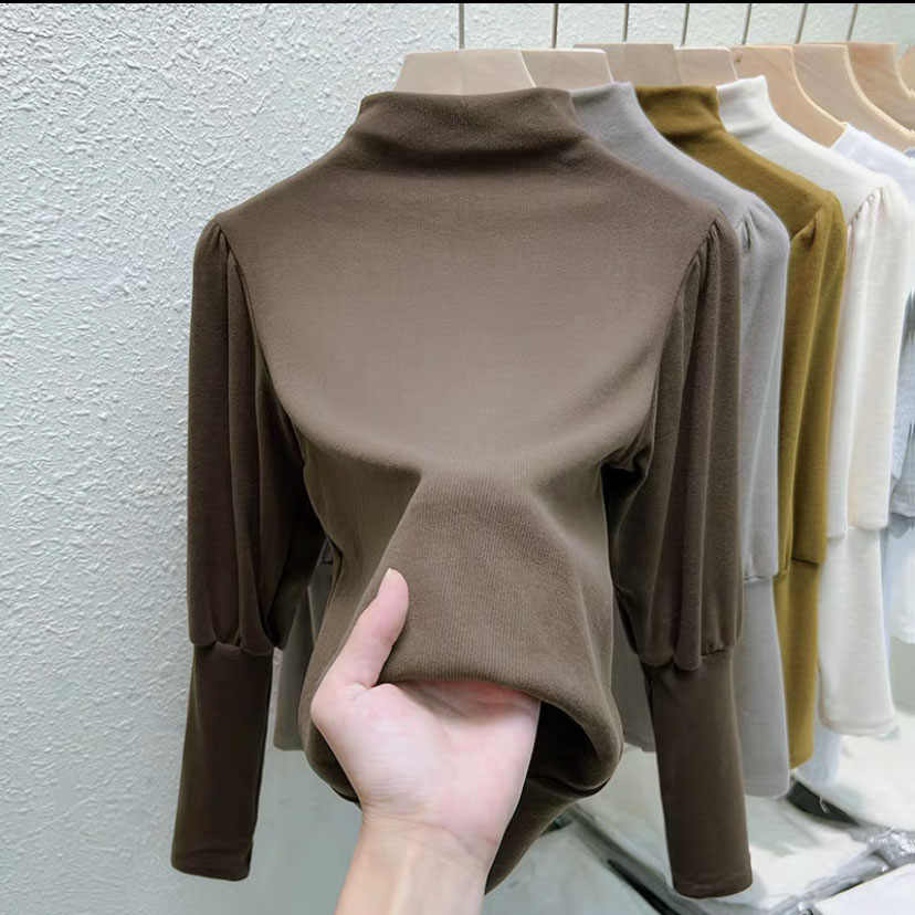 秋冬洋氣歐貨泡泡袖上衣設計感小眾純色半高領打底衫女內搭t恤潮