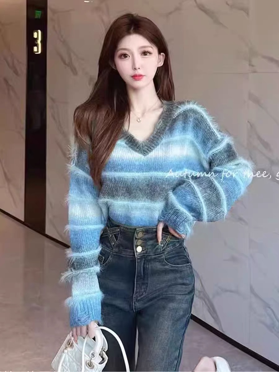 水貂毛漸變色毛衣女秋冬季慵懶風軟糯寬鬆v領羊毛針織衫長袖上衣