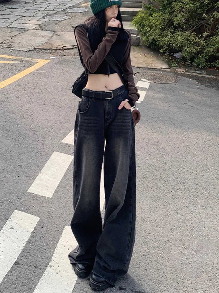 2023秋季新款黑灰色直筒牛仔褲女寬鬆闊腿拖地褲美式高腰長褲