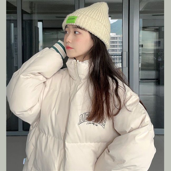 Hong Kong style retro thickened warm letter splicing bread coat cotton coat for female students winter Korean style cotton jacket cotton coat
