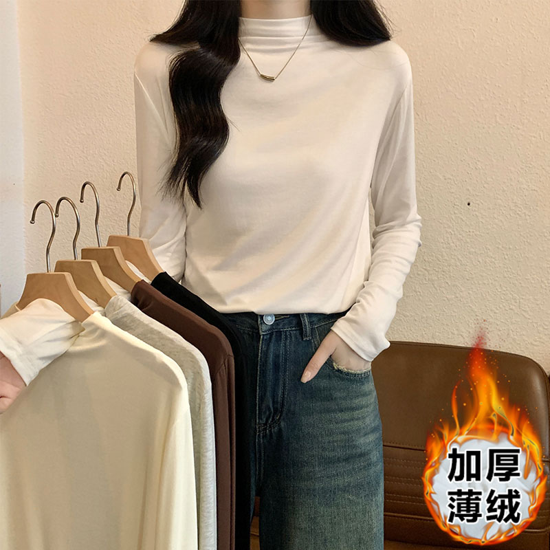 實拍白色半高領長袖t恤女秋冬季西裝內搭修身百搭磨毛打底衫