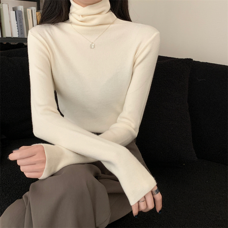 實拍 秋冬新款簡約顯瘦彈力堆堆高領長袖針織衫打底衫