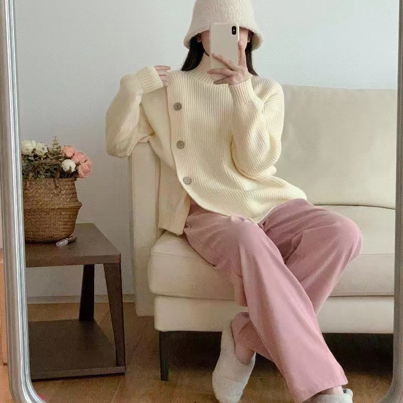 韓版半高領毛衣女冬開叉設計感小眾寬鬆慵懶2023年新款套頭針織衫