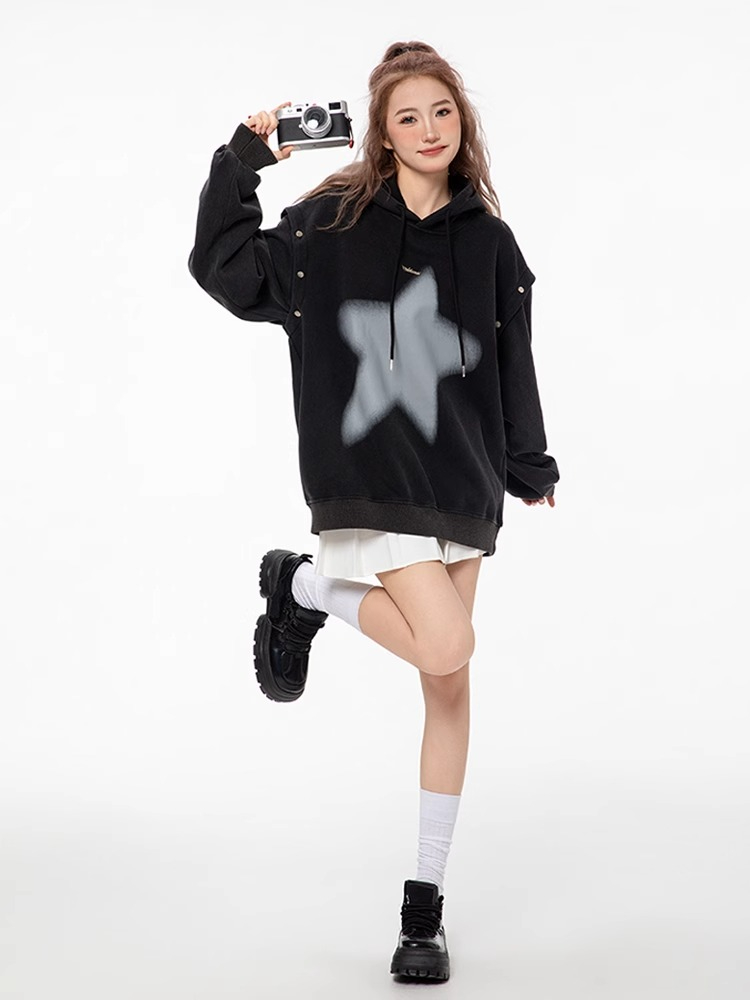 American Retro Heavyweight Detachable Hooded Sweatshirt Women's Autumn Design Loose and Versatile Couple Jacket