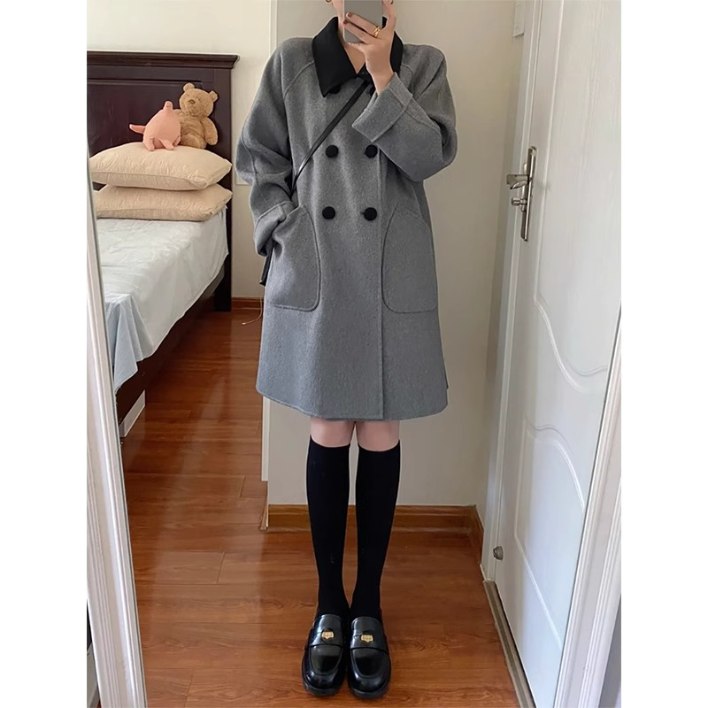 Retro contrasting color lapel mid-length woolen coat for women small Korean style loose slim versatile woolen coat for women