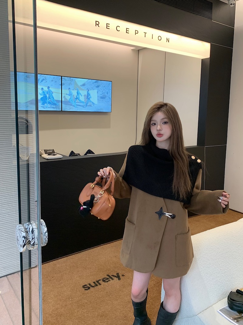 實拍 韓版寬鬆顯瘦設計感加厚夾棉V領毛呢西裝外套+毛衣披肩